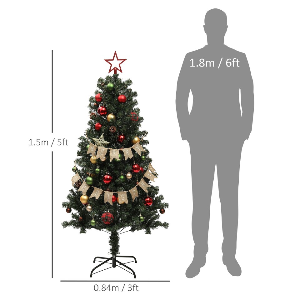 image 1 of HOMCOM 5ft Artificial Christmas Tree with LED Lights and Red Decorations