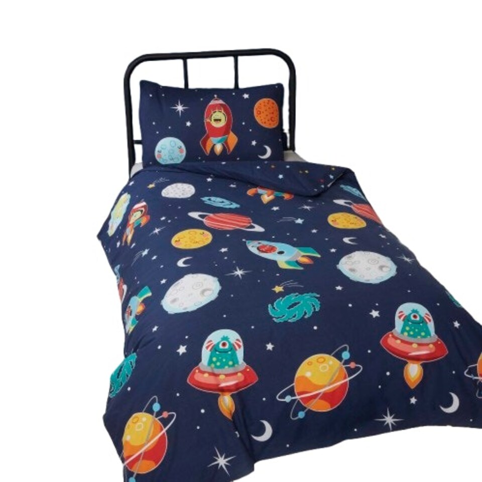 image 1 of Space and Aliens Glow in the Dark Duvet Cover Set with Pillowcase Multi | Single