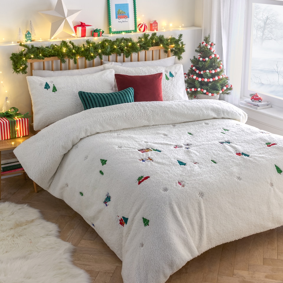 image 1 of Furn Christmas Together Embroidered Fleece Duvet Cover Set | White | White | Super King