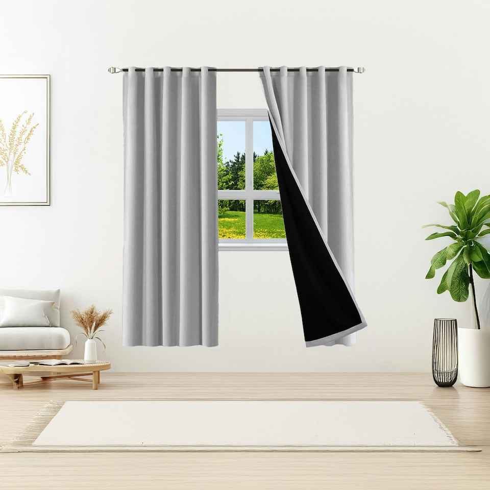 image 1 of Grey Total Blackout Thermal Eyelet Curtains - 46 x 72 Inch Drop - 2 Panel Grey
