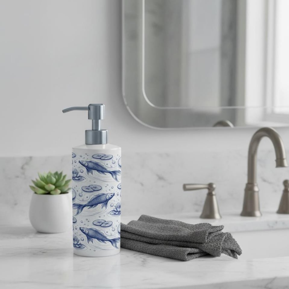 image 1 of Koi Fish Stainless Steel Soap Dispenser - Pump Action Refillable Bathroom & Kitchen Decor