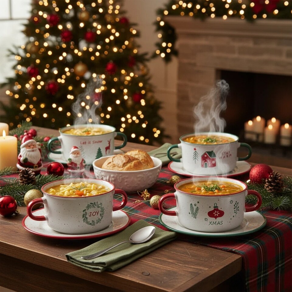 image 1 of Christmas Soup Mugs Jumbo Stoneware Two Handle Festive Xmas Bowls | Multi | Set of 4