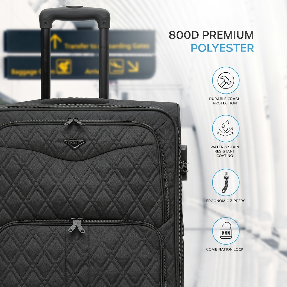 image 1 of Flight Knight Lightweight 4 Wheel 800D Soft Case Quilted Suitcases Anti Crack Cabin & Hold Luggage Options - 100+ Airlines Approved - easyJet, BA & Many More! | Black | Large