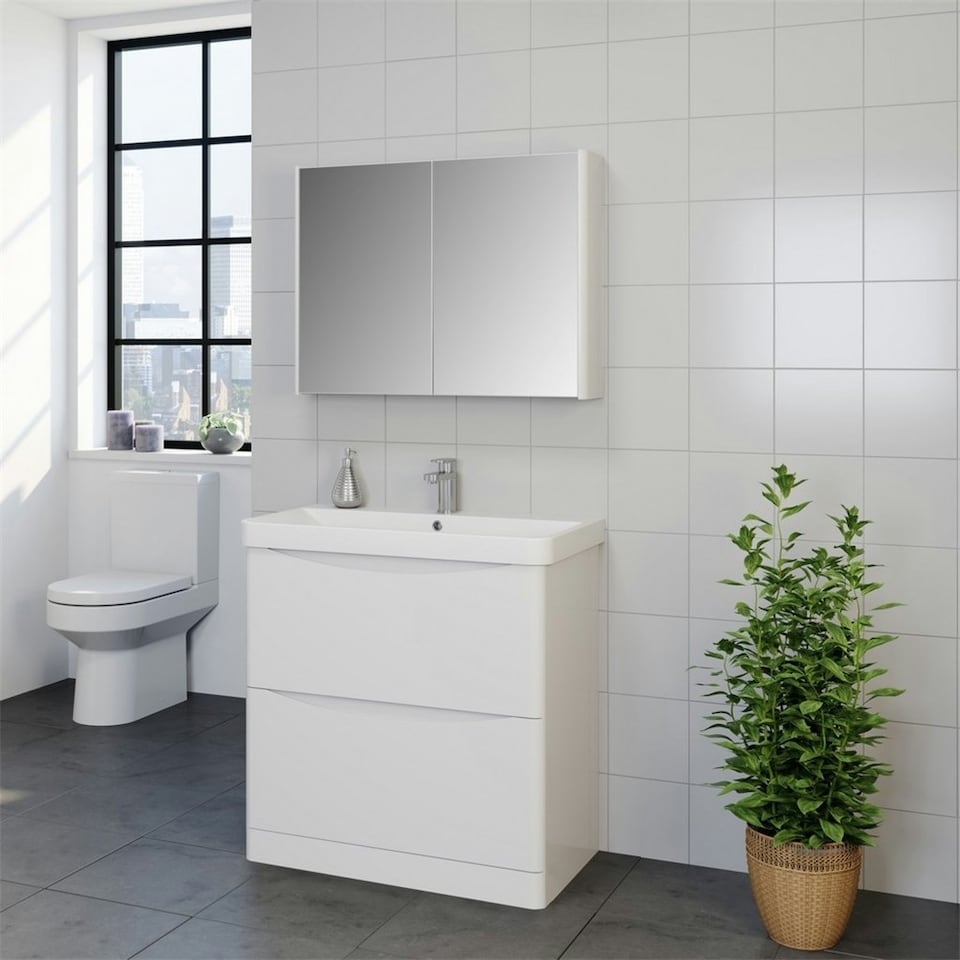 image 1 of Bathroom Floor Standing 2-Drawer Vanity Unit with Basin 800mm Wide - Gloss White - (Arch) - Brassware Not Included | White | White | 1