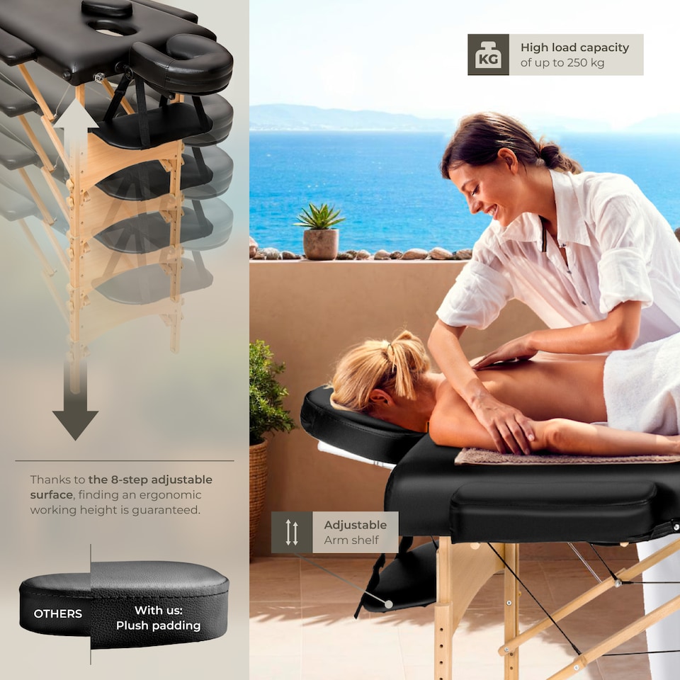 image 1 of Massage Table - 3-zone bed, wooden frame, bolsters, carry bag, head and armrests | Black | black | 1