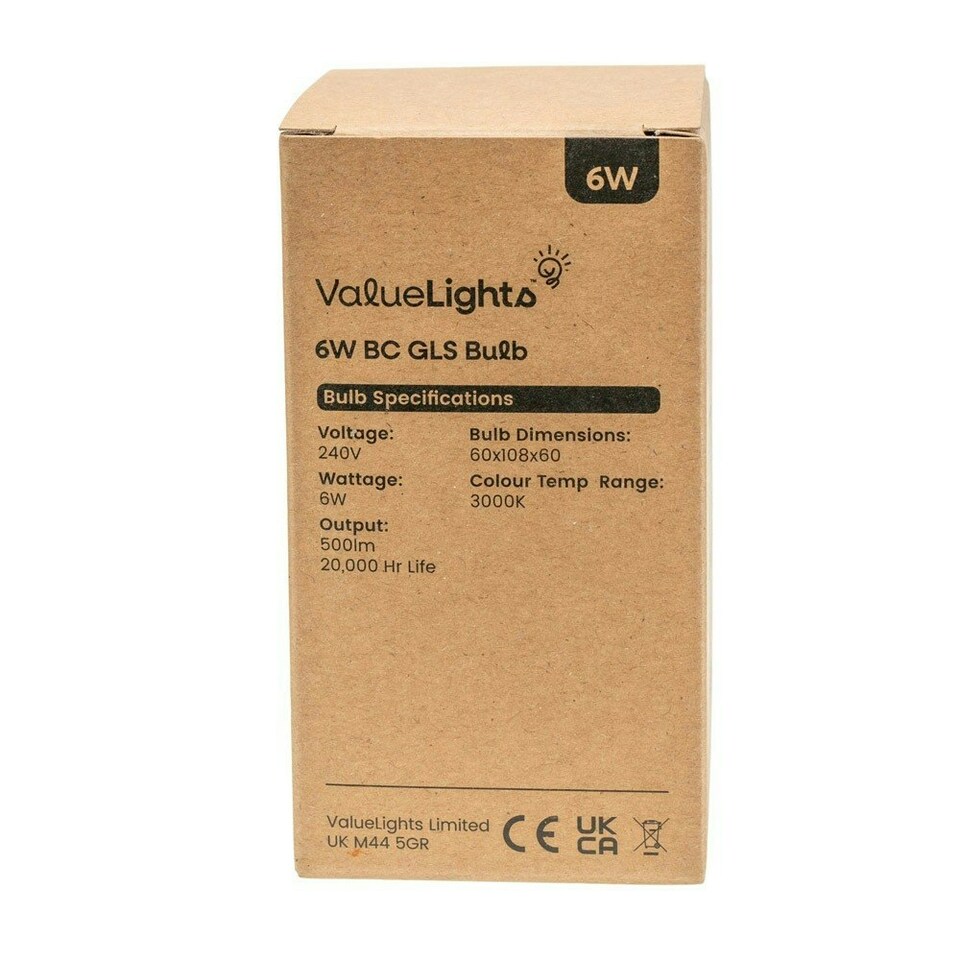 image 1 of ValueLights 10 Pack B22 White Plastic GLS LED 6W Warm White 3000K 500lm Light Bulb