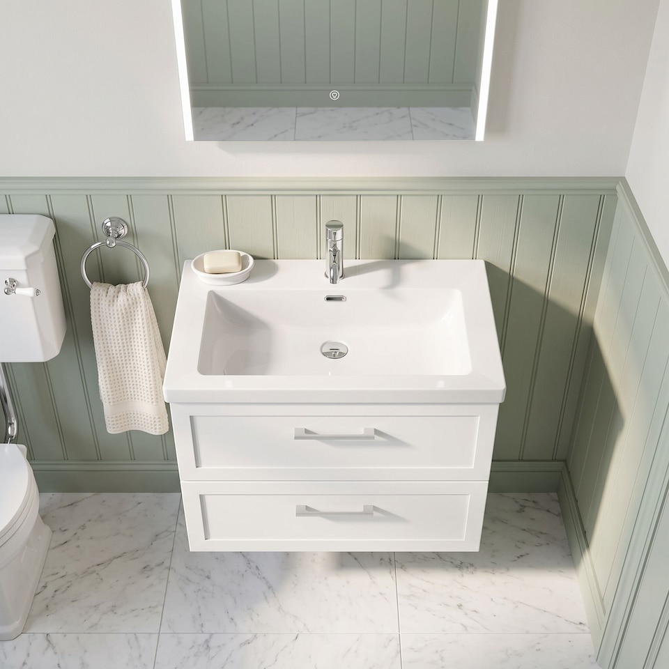 image 1 of Balterley Stonnall Traditional Wall Hung 2 Drawers Vanity Unit with 1 Tap Hole Fireclay Basin, 800mm, Matt White