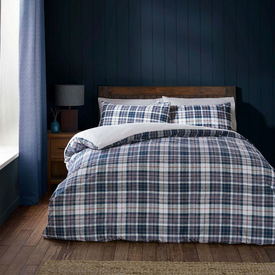 image 1 of Catherine Lansfield Cosy Sherpa Check Duvet Cover Set Grey (Copy) Blue | Navy Blue | Single