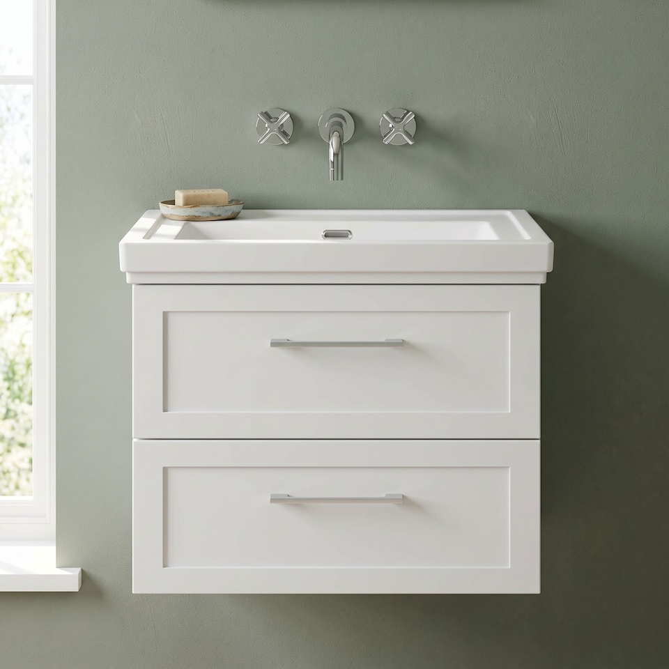 image 1 of Balterley Stonnall Traditional Wall Hung 2 Drawers Vanity Unit with Traditional 0 Tap Hole Fireclay Basin, 600mm, Matt White
