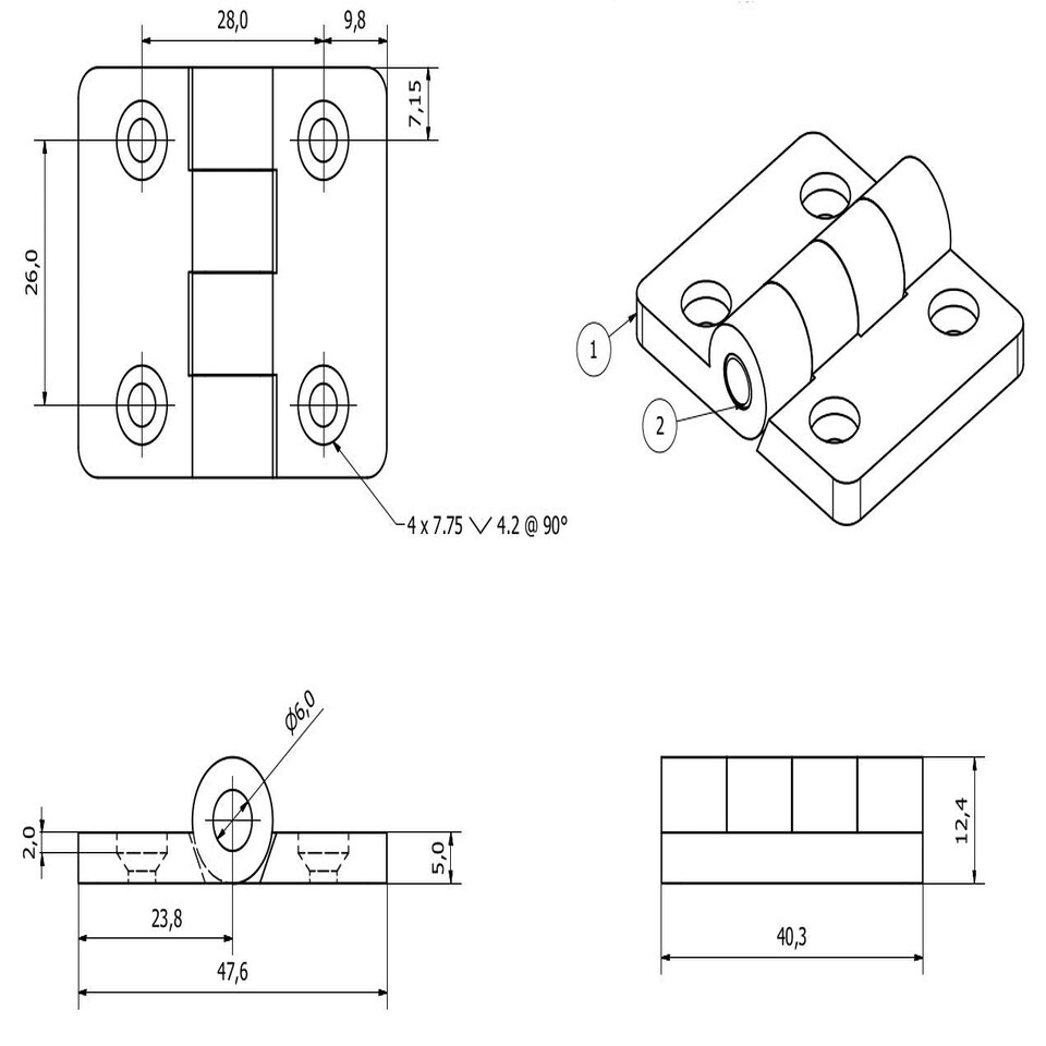 image 1 of Black Reinforced Nylon Plastic Hinge 40x48mm Italian Made Industrial Quality 4PK Black