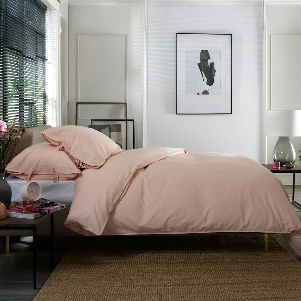 image 1 of 100% Washed Cotton Duvet Cover Set – Soft, Breathable & Textured with Tie Fastening Pink | Pink | King
