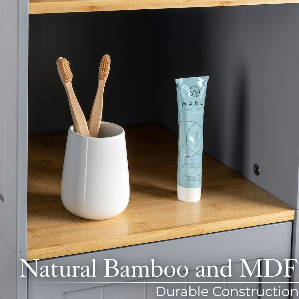 image 1 of Christow Bathroom Shelf Cabinet Grey Bamboo Freestanding Tallboy Storage Unit