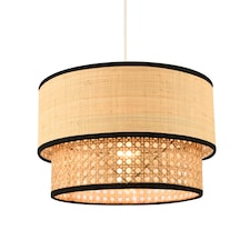 Modern Double Tier Real Natural Rattan Pendant Shade with Black Trims | Brown | Brown | 1