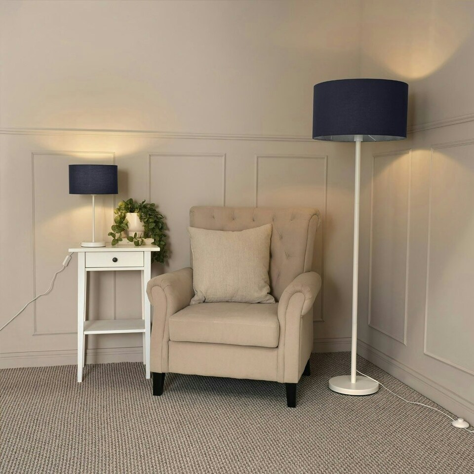 image 1 of ValueLights Charlie White Floor Lamp Navy Shade & Bulb 