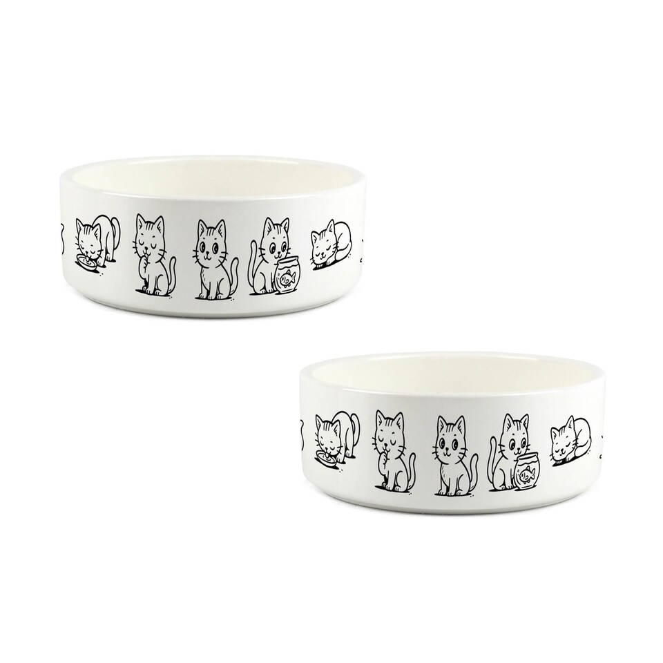 image 1 of Cartoon Doodle Cats Small Ceramic Bowl Set - White Food/Water Dishes for Cats