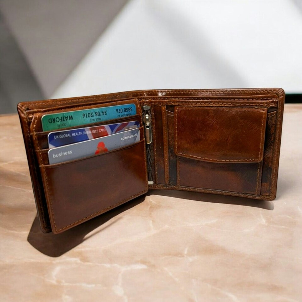 image 1 of SPORTGIFTZ - Buffalo Leather Rugby Wallet | RFID Protection | 7 Card Slots | Coin Pouch & ID Holder | Rugby Fan Accessory | Multicoloured, 10cm x 8cm, Leather Brown