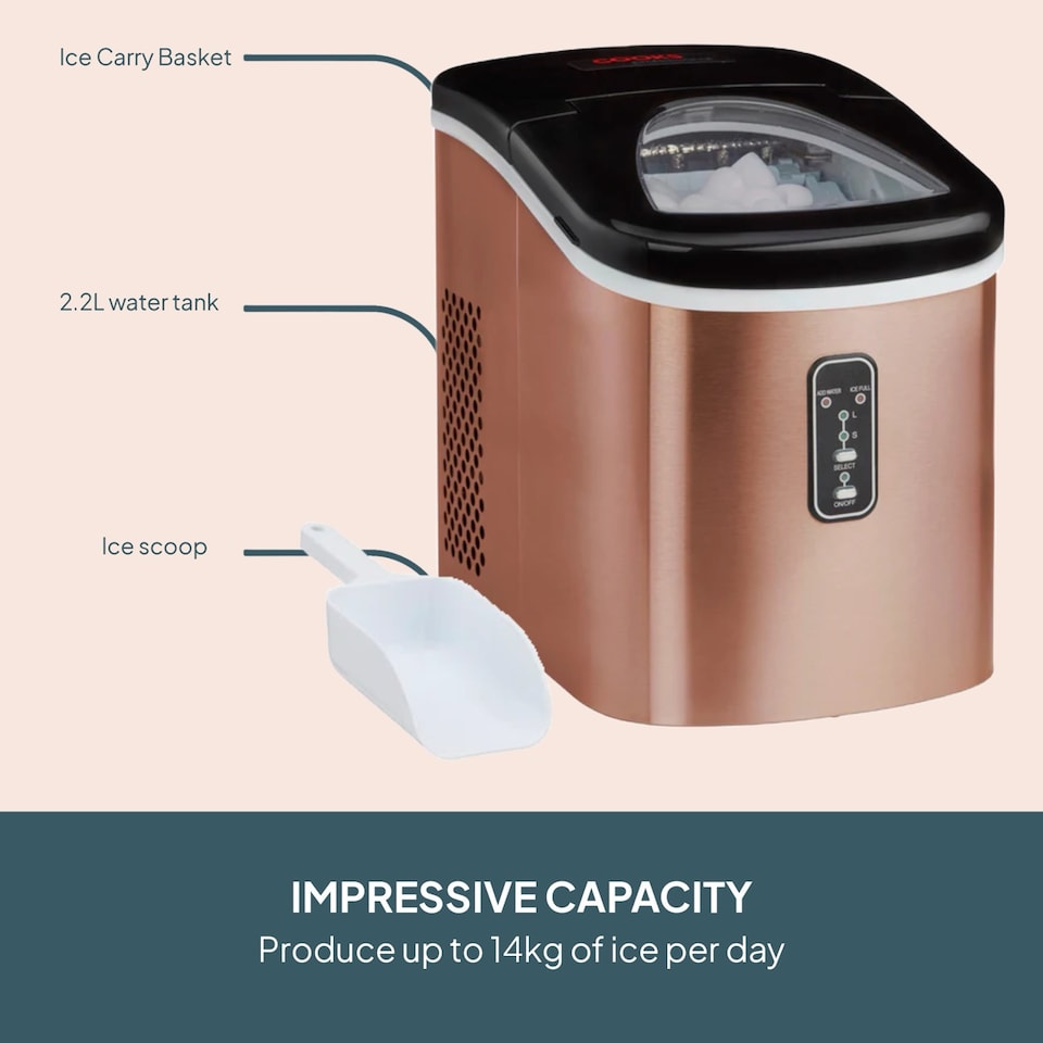 image 1 of Cooks Professional Ice Maker Machine with Scoop & 2.2L Tank - Makes 14KG Per Day | Copper