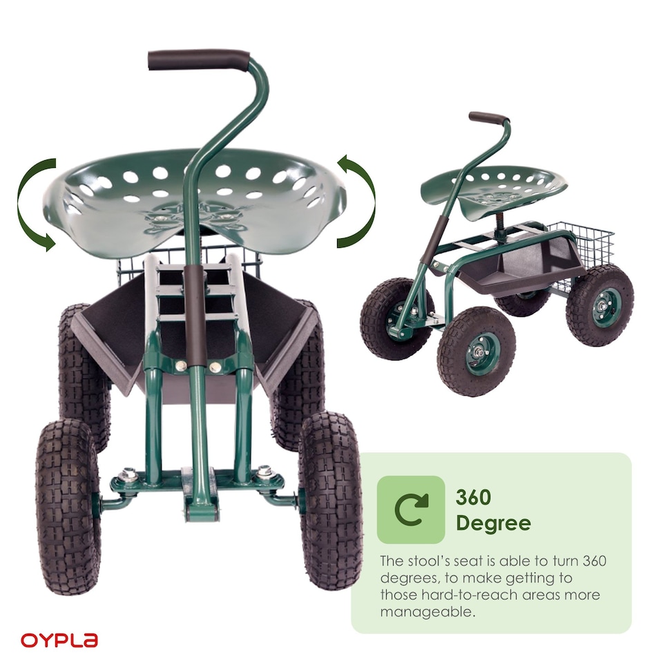 image 1 of Outdoor Rolling Garden Seat Wheeled Stool with Tool Tray & Basket | Green
