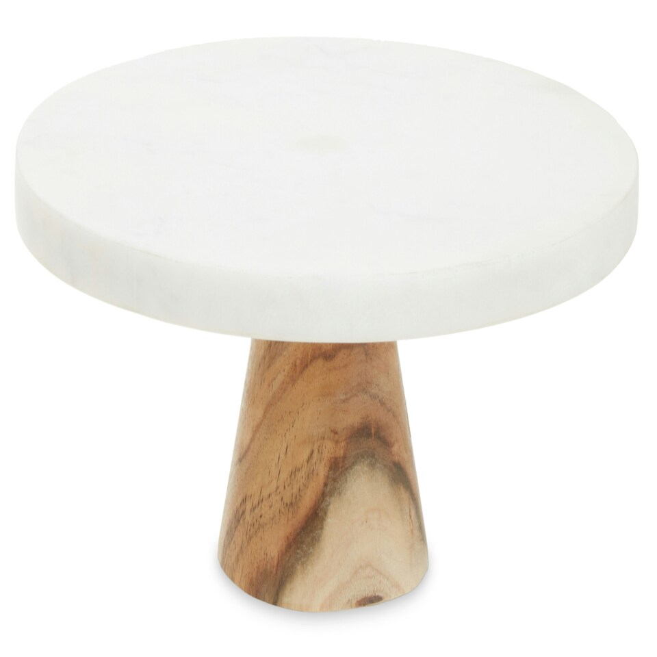 image 1 of Monzaro Round White Marble And Acacia Wood Cake Stand White
