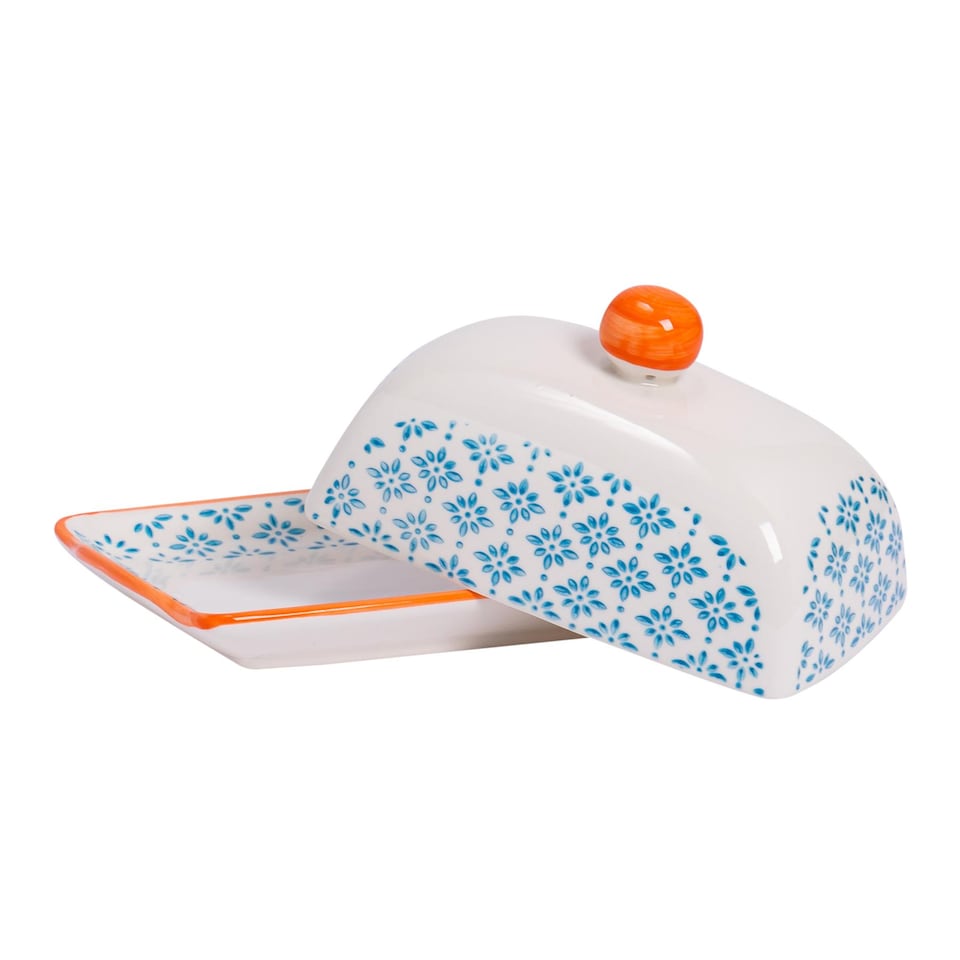 image 1 of Nicola Spring Hand-Printed Butter Dish - 18.5 x 12cm - Blue | Blue | Multi-Coloured
