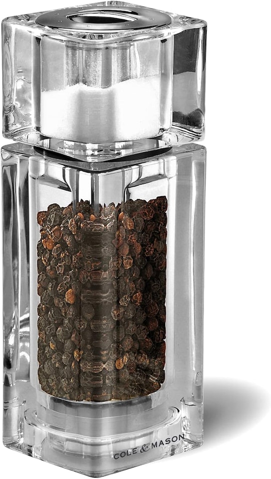 image 1 of Cole & Mason Cube Clear Salt Shaker and Pepper Mill Combi, Precision+, Acrylic, 145 mm, Duo Mill, Includes 1 x Salt Shaker/Pepper Grinder