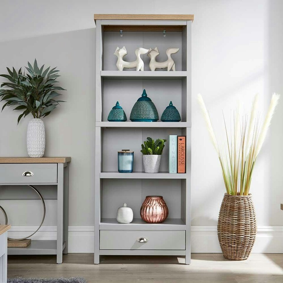 image 1 of Grey Oak Tall Bookcase Display Unit 4 Bookshelves Storage Drawer Metal Handles