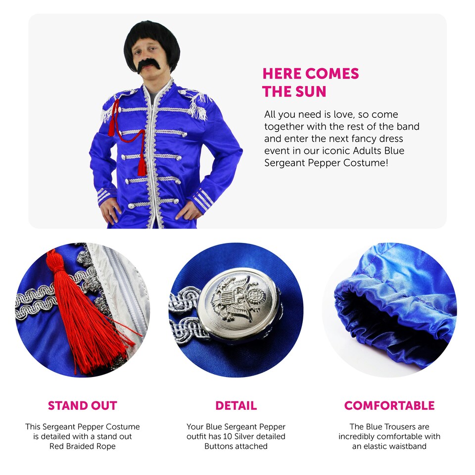 image 1 of Adults Blue Sergeant Pepper Costume – 60s Musician Fancy Dress Outfit Blue | S