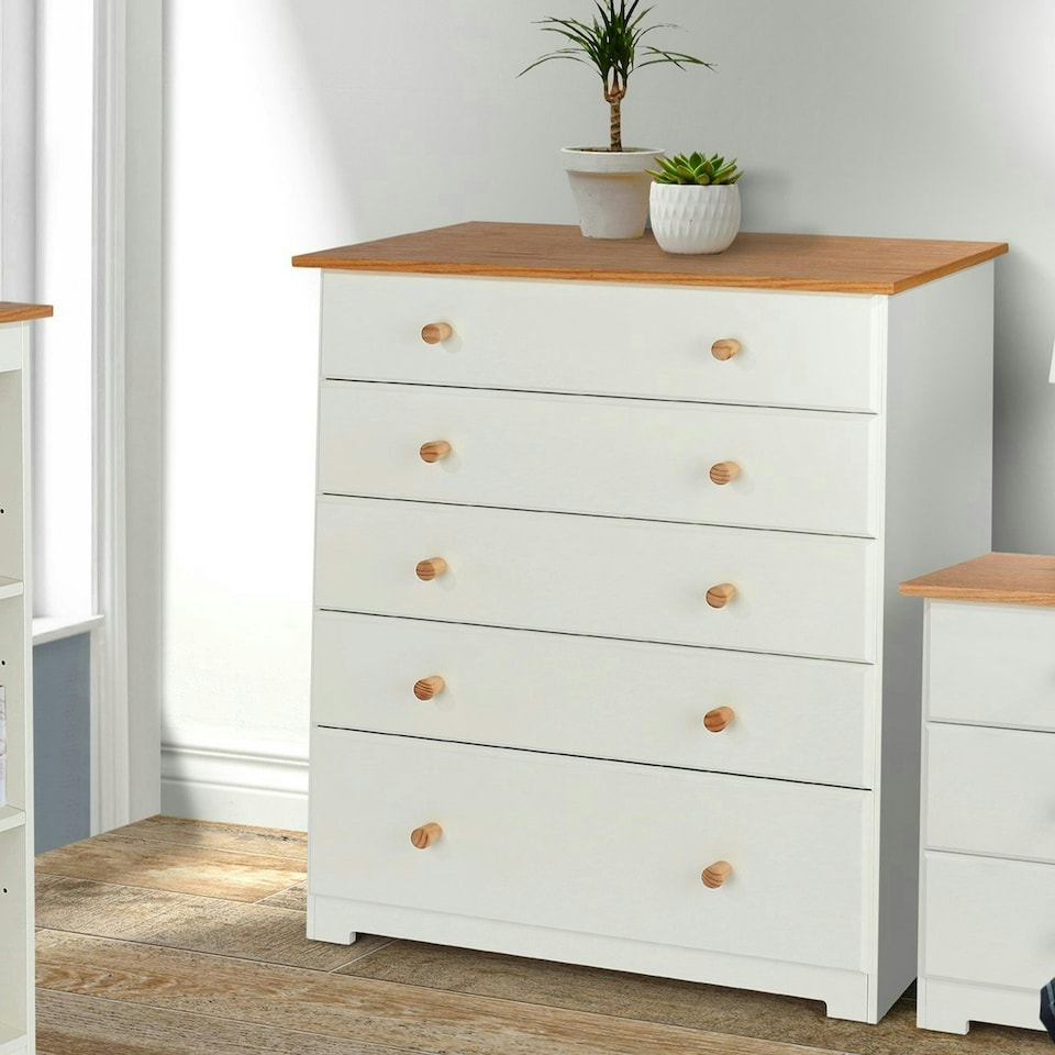 image 1 of Colorado Soft White 5 Drawer Chest - Painted Wood Bedroom Storage Cabinet with Oak Effect Top | White | White | 1