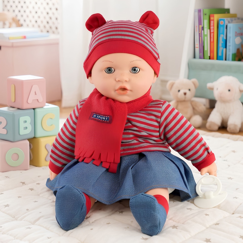 image 1 of BiBi Doll 16" Baby Doll Girl With Red Outfit, Sounds, Toy Dummy & Moving Eye Lids