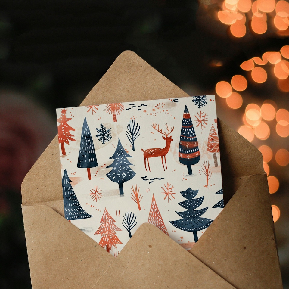 image 1 of Winter Forest Trees Reindeer Snow Folk Blank For Him Or Her Art Xmas Festive Christmas Card