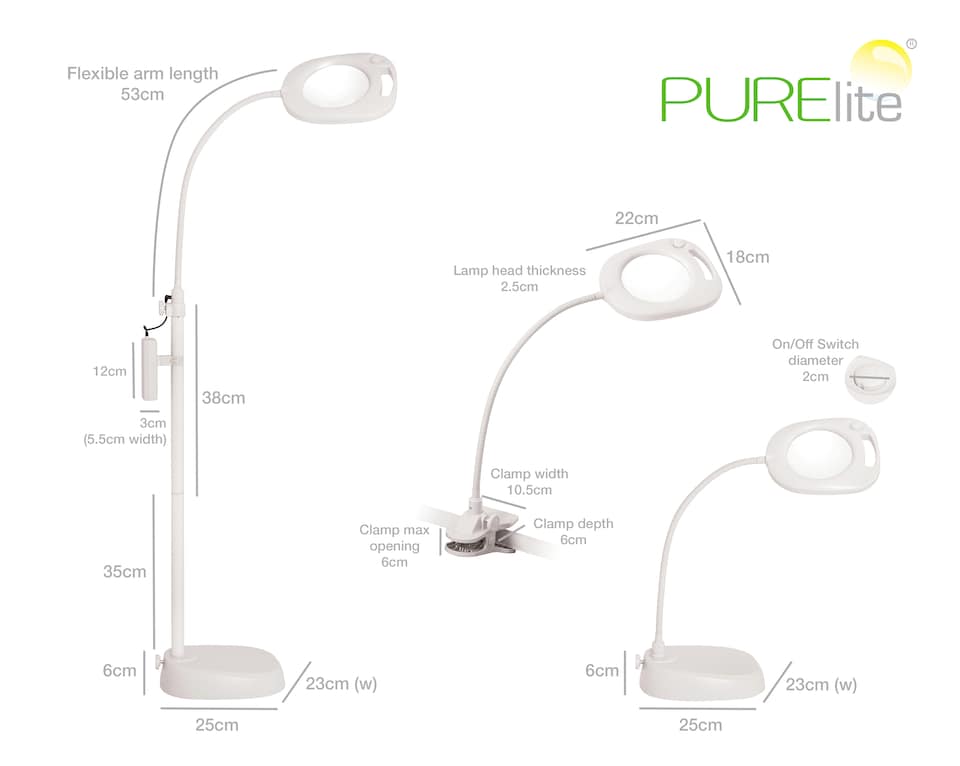 image 1 of PURElite Magnifying LED 3in1 Lamp - Table, Floor & Clip-on Light, Dimmable, Flexible for Needlework, Sewing, Crafting & Reading | White