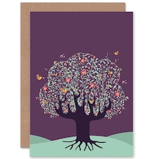 Blooming Tree Flowers Birds Purple Sky Folk Art Art Card