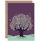 image 1 of Blooming Tree Flowers Birds Purple Sky Folk Art Art Card