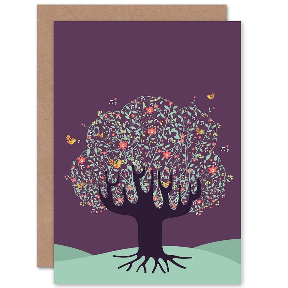image 1 of Blooming Tree Flowers Birds Purple Sky Folk Art Art Card