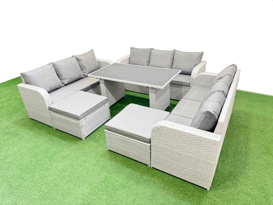 image 1 of Fimous Patio Garden Furniture Sets with Black Glass Top Dining Table 3 Seater Sofa 2 Big Stool Light Grey