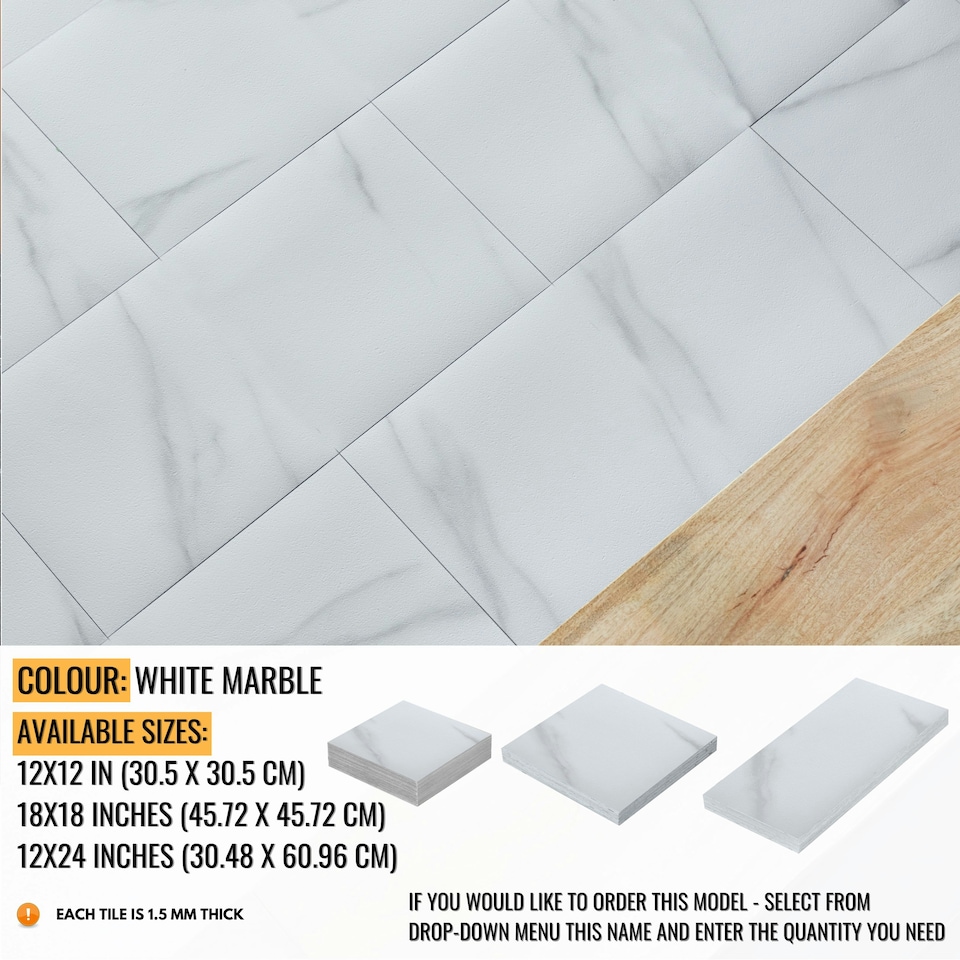 image 1 of NOVECRAFTO Vinyl Floor Tiles Self Adhesive – 12x24in Peel and Stick Waterproof Rectangular Flooring for Kitchen & Bathroom – White Marble Effect Design White | 5.57 sqm