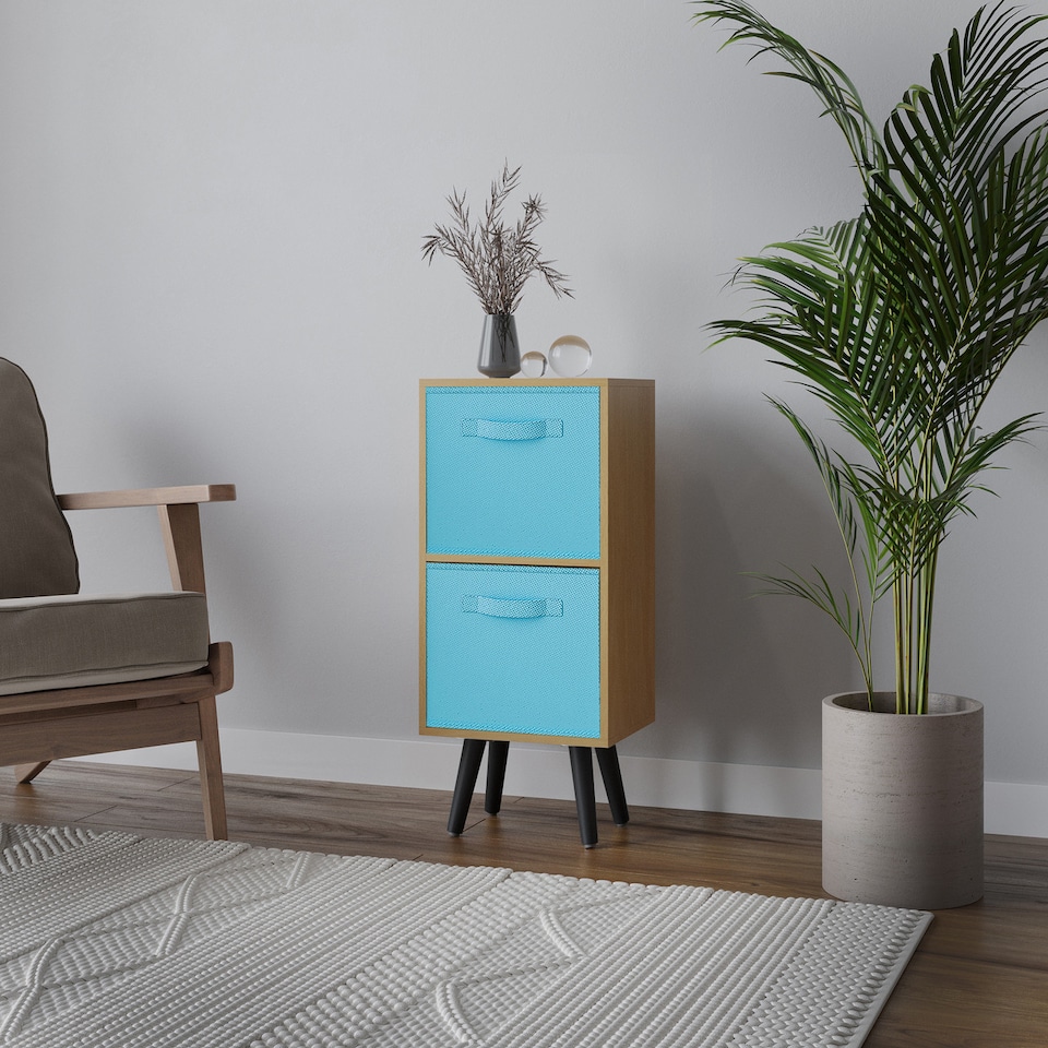 image 1 of Beech 2-Tier 2-Drawer Cube Shelving Unit with Scandinavian Legs | Blue | Sky Blue & Black | 1