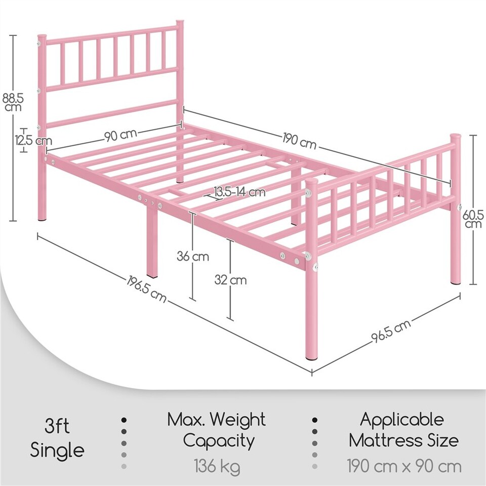 image 1 of Yaheetech 3ft Single Metal Bed Frame with Slatted Headboard Pink