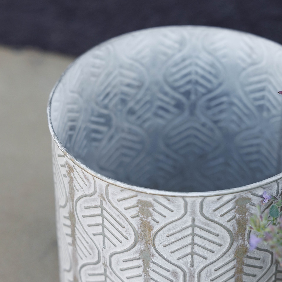 image 1 of Primrose Set of 2 Metal Leaf Design Cylinder Decorative Planters in Cream 24cm | Cream | Off White