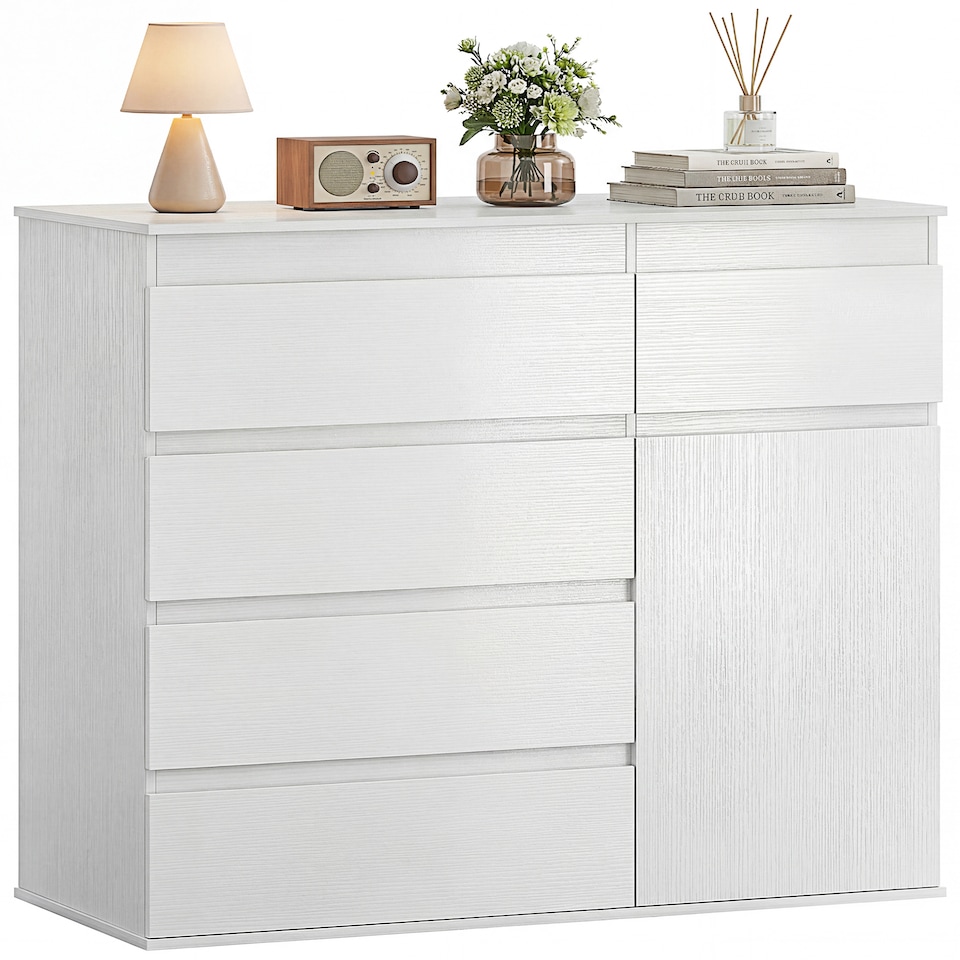 image 1 of HOMCOM Sideboard Storage Cabinet, Kitchen Cupboard with 5 Drawers | White | White embossed