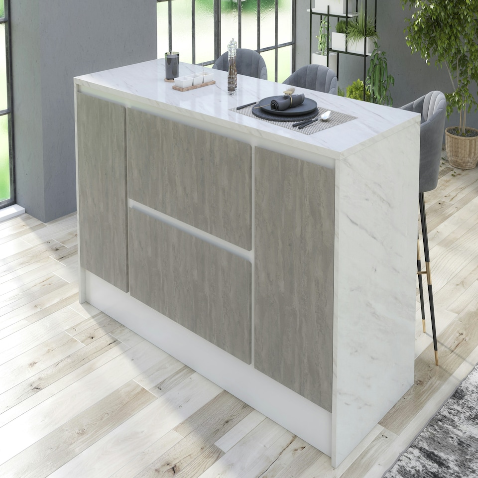 image 1 of Furneo Kitchen Island 06 Grey Stone & White Marble effect N/A
