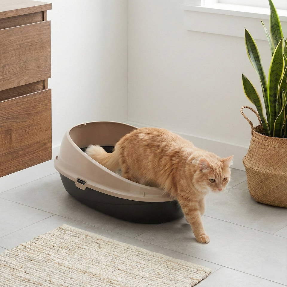 image 1 of Oval Cat Litter Tray Box with Rim | Brown | 1