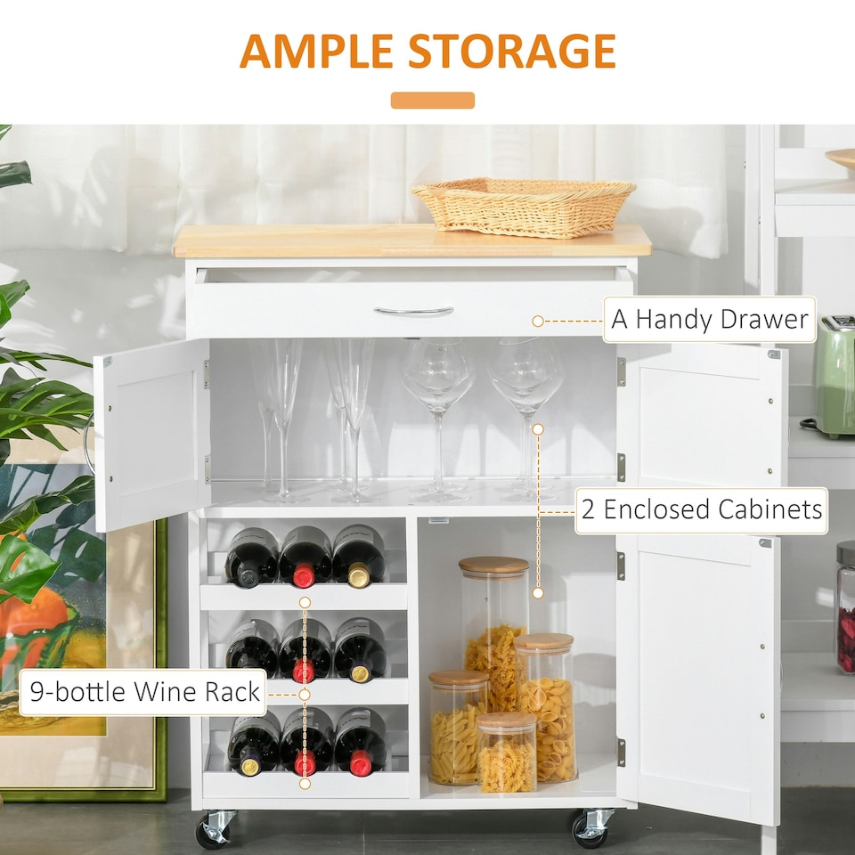 image 1 of HOMCOM Rolling Kitchen Island Trolley Storage Cart w/ Rubberwood Top, White