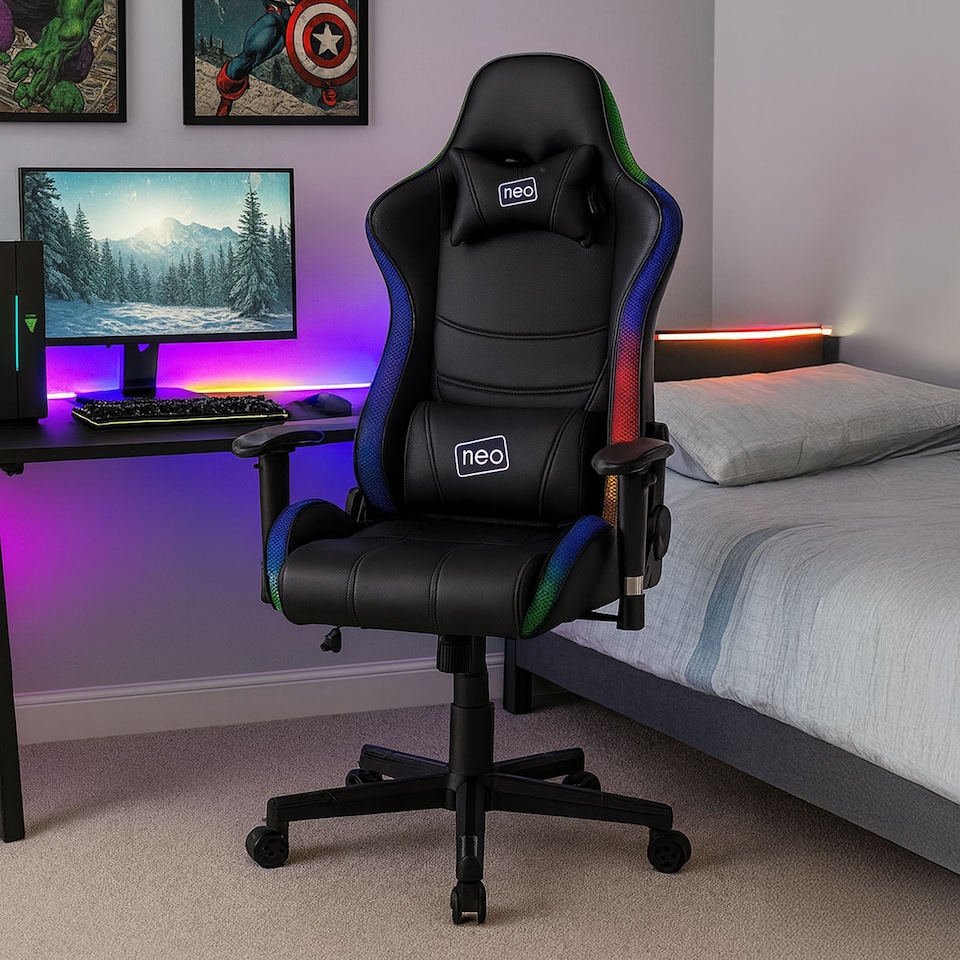 image 1 of Neo Black Leather Gaming Chair with LED Lights