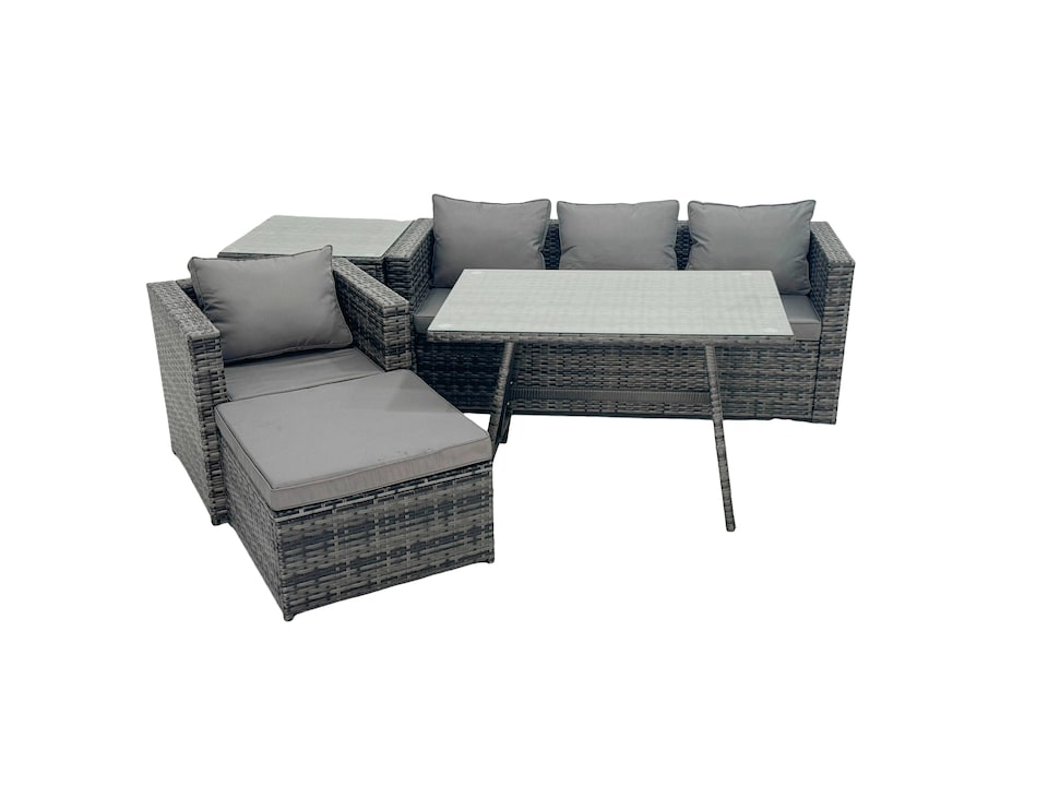image 1 of Fimous Rattan Dining Table Sofa Armchair Set with Side Table Big Footstool Outdoor Garden Furniture Set Dark Grey Mixed