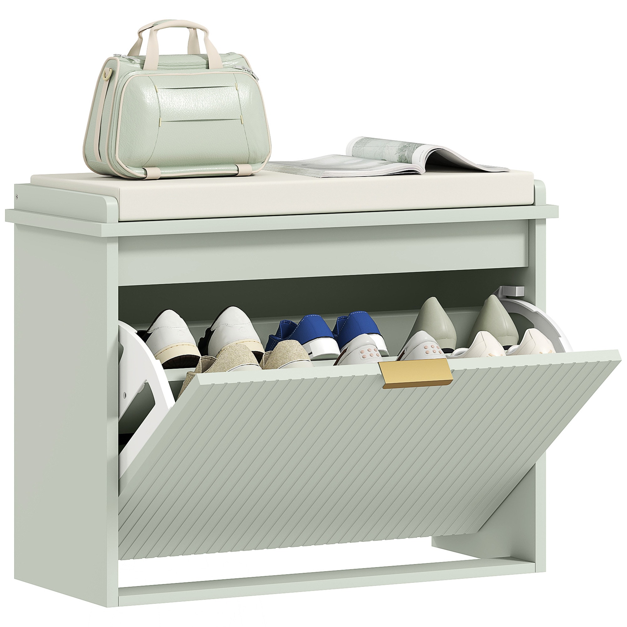 HOMCOM Shoe Storage Bench with Cushion and Flip-Drawer 62x26x47.5cm Green | Green | Green