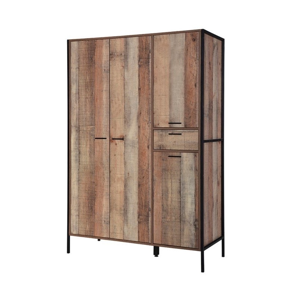 image 1 of Hoxton 4 Door Wardrobe - Wood - L52 x W123.8 x H180 cm - Distressed Oak Effect Brown