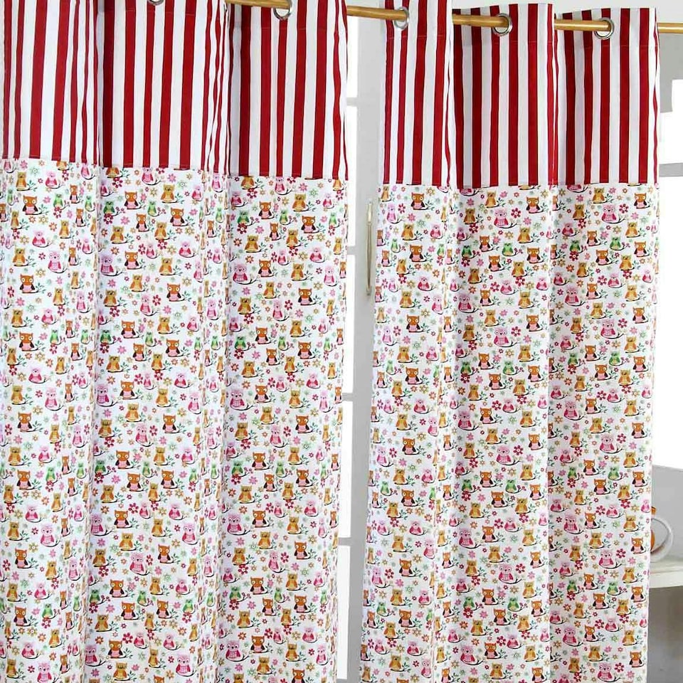 image 1 of Homescapes Owls Printed Ready Made Eyelet Curtain Pair - 137 x 228 cm Drop | Red | Red