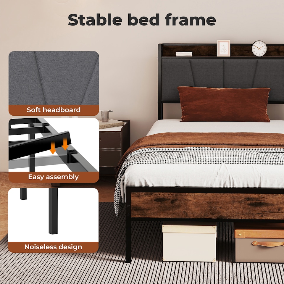image 1 of Levede Heavy Duty Single Bed Frame Metal Platform with Storage Headboard 3FT | Brown | Single | Single