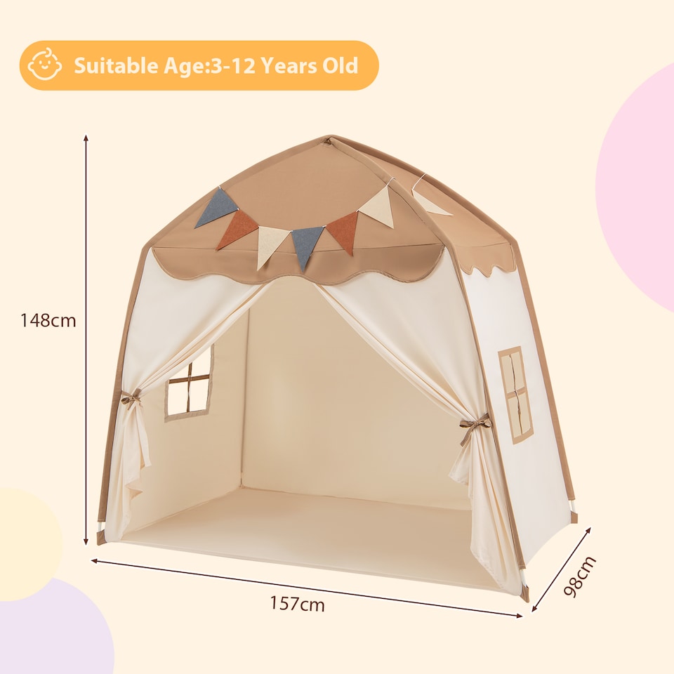 image 1 of COSTWAY Kids Play Tent Indoor & Outdoor Extra Large Playhouse Tent-Coffee